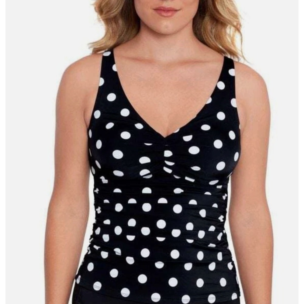 Swim Solutions Tankini Top 12 Black Polka Dot Tummy Control Beach Vacation